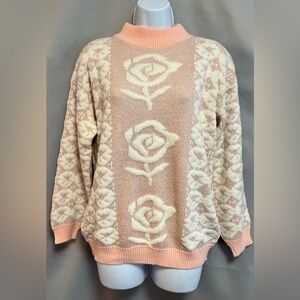 Vintage 90s Private Eyes Sweater Roses‎ Sz 6 Y2K Made USA Pink Silver Coquette